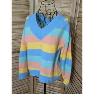 No Comment Sz M Pullover Lightweight Acrylic V-Neck Rainbow Stripes Sweater